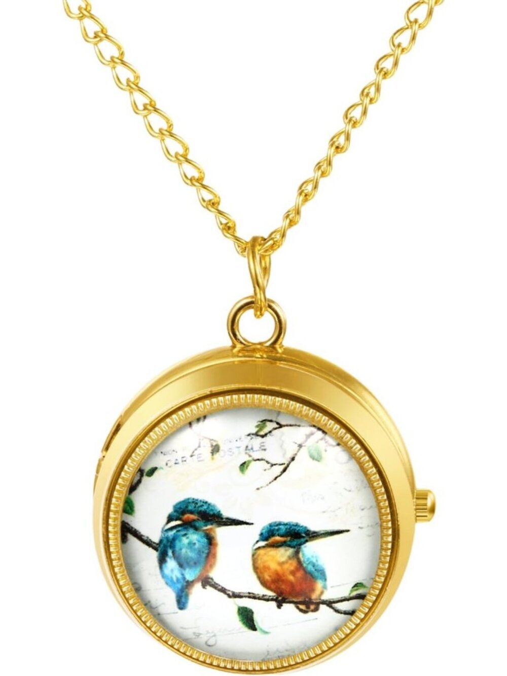 Women's Gold Analog Quartz Birds Vintage Pendant Necklace Chain Pocket Watch